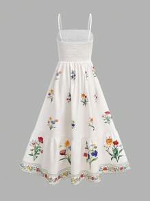 Tween Girl Elegant Sleeveless A-Line Plant Print Dress, Suitable For Holiday - Apricot - View 2