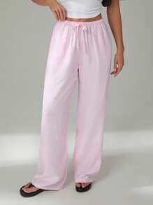 SHEIN Tall Pantalones largos de tejido de cintura baja con bolsillos de sesgo, cordón de ajuste de la cintura y unicolor para mujer