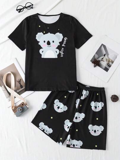 青少年男孩卡通字母印花短袖T恤和短裤睡衣套装