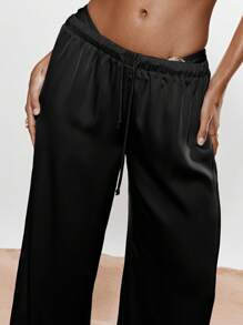 KIZN Tie Waist Satin Wide Leg Trousers