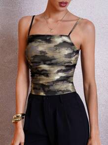 SHEIN Clasi Vintage Abstract Oil Painting Print Ruched Slim Fit Women's Cami Top Summer Teacher - Multicolor - View 6