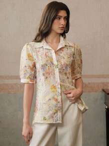 Anewsta 优雅时尚刺绣泡泡袖女式衬衫，适合度假、夏季穿着 - 彩色 - 查看 5