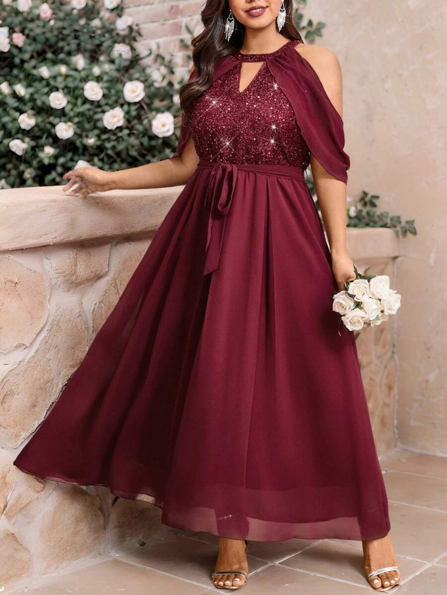 SHEIN Unity 大码优雅派对和婚礼季节船领亮片拼接雪纺高腰 A 字连衣裙