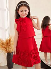 SHEIN 2pcs Young Girl Set: Simple Comfortable Round Neck Sleeveless Top With 3D Bow Decoration And Skirt - Red - View 8