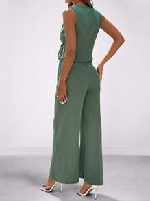 SHEIN Clasi 女式 V 领交叉不对称系带无袖背心和褶皱阔腿长裤，适合日常/度假/通勤、春/夏季的优雅装扮 - 綠色 - 查看 2