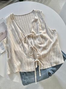 Comfortcana Große Größen Boho Vintage Resort Leinen gestreiftes ärmelloses Hemd