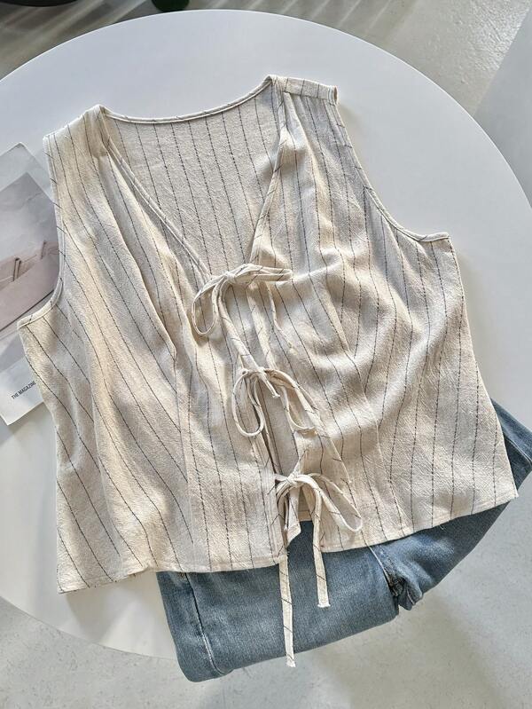 Comfortcana Plus Size Bohemian Vintage Resort Linen Striped Sleeveless Shirt