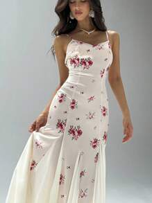 Aloruh 女士V领花卉印花修身美人鱼连衣裙，适合节日约会，春夏季 - 彩色 - 查看 5