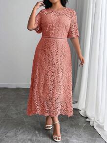 SHEIN Clasi Plus Size Solid Color Short Sleeve Dress, Fashionable For Summer - Dusty Pink - View 3