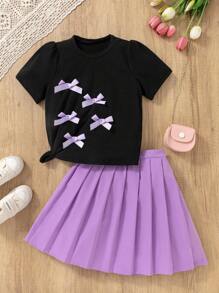 SHEIN 女童优雅百搭蝴蝶结圆领短袖针织T恤+百褶梭织裙两件套 - 紫色 - 查看 3