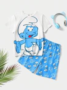SHEIN X The Smurfs 2 pezzi Set di pigiama per ragazzo pre-adolescente casual e carino con stampa a cartone animato e shorts con stampa a cartone animato su tutto il capo, adatto per tutte le stagioni