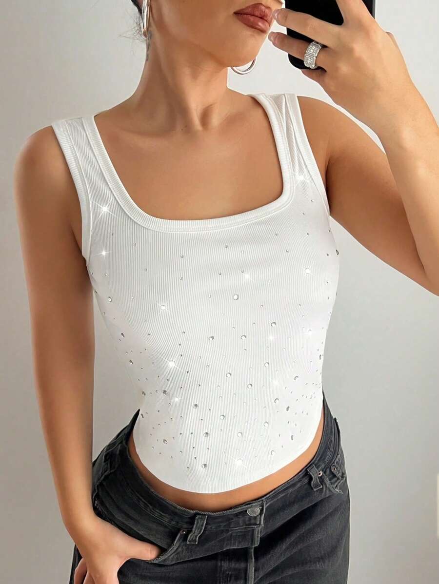 SHEIN PETITE Women's Fashionable Rhinestone Decorated White Tank Top, Summer ,Petite Women - White - View 1