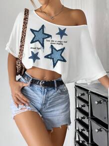 SHEIN EZwear 女士休闲简约仿贴花星星印花露肩短袖超大 T 恤，适合夏季