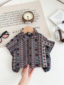 SHEIN LMoss Kids Baby Boy Cute Versatile Geometric Pattern Short Sleeve Shirt, Summer - Multicolor - View 1