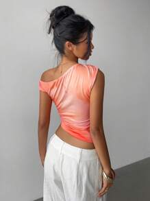 Aloruh 女士不对称肩部紧身扎染花卉印花T恤，适合春夏季度假