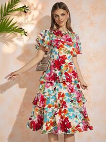 Amorya Women's Colorful Floral Print Ruffle Hem Tiered Dress - Multicolor - View 1