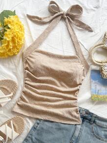 Soleia Women's Vacation Sea Star Print Halter Neck Pleated Backless Tank Top - Khaki - View 5