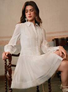 Anewsta Women's Puff Sleeve Waist Ruffle Trimmed Short Shirt Dress