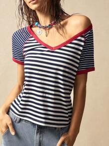 Bohemela Lässig Strick Gestreiftes V-Ausschnitt Raglanärmel Kurzarm anliegendes kurzes T-Shirt mit Kontrastfarben im Stil eines Ocean Resort für Frauen
