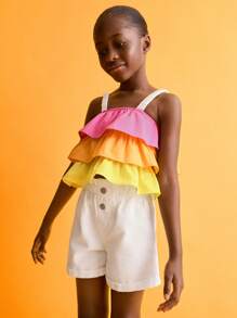 SHEIN Young Girls Colorful Contrast Ruffled Tank Tops & Camis, Summer Casual