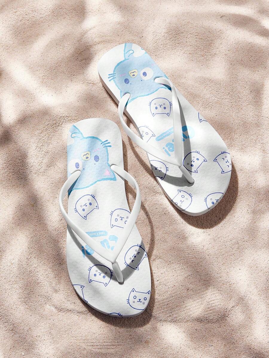 Grefit Women Flip Flops, Beach Slides, Colorful Flat Sandals Beach Thong Sandals, Slip-On Style, Lightweight & Comfortable, Non-Slip Suitable For Outdoor Walking, Street Fashion, Versatile Flat Slippers Indoor & Outdoor Wear Flip Flops Vacation Season Tropical Escape Animal Prints - Blue and White - View 1