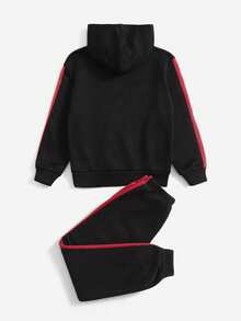 SHEIN Boys Letter Graphic Contrast Side Seam Thermal Hoodie & Joggers - Red - View 4