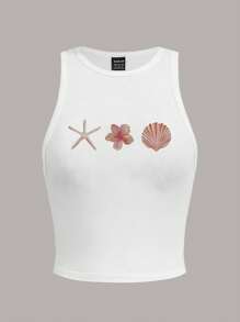 SHEIN EZwear 休闲简约风格度假海星贝壳花卉印花无缝圆领女式吊带背心，适合夏季 - 白色 - 查看 3