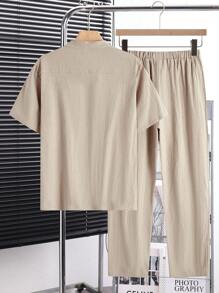 SHEIN Conjunto de 2 piezas para adolescentes, camisa de manga corta de tejido con cuello de pie y pantalones casuales, sueltos, versátiles y cómodos, de costo-efectivo