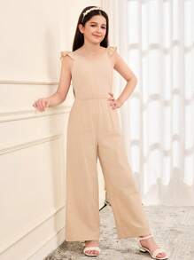 SHEIN Leap Crew Tween Girl Casual Ruffle Trim Backless Jumpsuit - Apricot - View 2