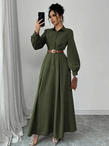 Elenzga 优雅通勤纯色灯笼袖连衣裙，秋季长款女装 - 軍綠色 - 查看 7