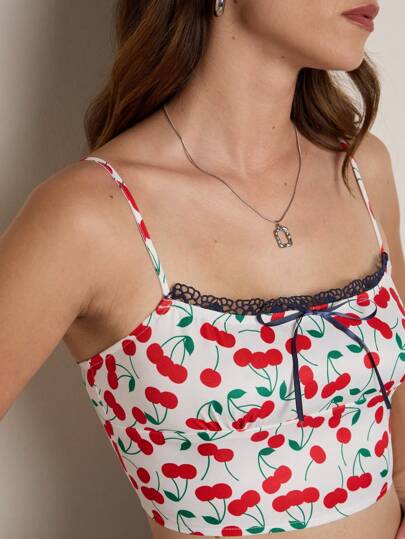 Nöista Crop Top With A Cherry Print On A White Background, Accented With Delicate Black Lace Details Cami Top