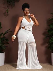 2025 春夏新品 音乐节,复活节,西部,游牧,波西米亚,纳什维尔,生日派对,毕业典礼,学生,日常休闲,基础款,休闲,度假,邮轮旅行,海滩,日光浴,休闲度假,海滩度假,休闲度假 印花,镂空,白色,流苏,钩编,针织,性感,无袖 挂脖 低胸 系带 修身上衣/直筒 加长裤 加大码 针织 2 件套 - A - 白色 - 查看 5