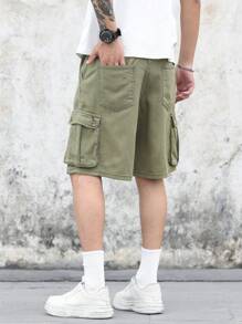 Manfinity Homme Men's Solid Color Pocketed Casual Fashion Relaxed Fit Denim Cargo Shorts