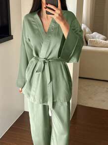 DAZY Minimalist Satin Robe With Pants Pajama Set - Green - View 5