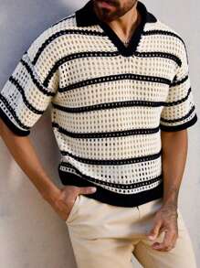 Manfinity Homme Men's Knitted Short Sleeve Top, Fashionable For Summer Men Vacation Men Knit Tops Knit Top Men Men Knitted Top Knit Men S Shirt Knitted Shirts For Men - Black and White - View 4