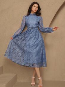DAZY Vestido de longitud media con cuello de pie de encaje, mangas abultadas, elegante para invitada de boda, primavera, vestidos formales de mujer, vestido de fiesta de otoño - Azul - Ver 6