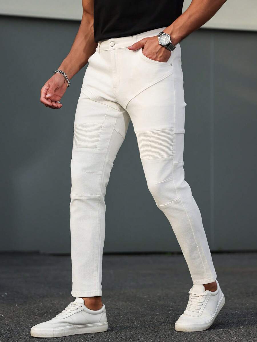 Manfinity Homme Men's Solid Fitted Pocket Design Casual Versatile Jeans - White - View 1