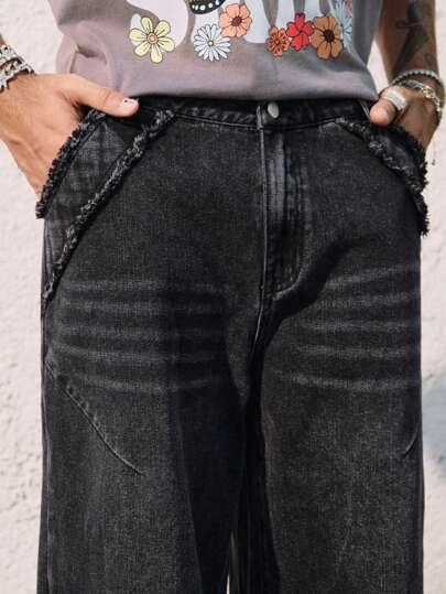 Grunge Punk Men's Grunge 2 In 1 Washed Ripped Denim Jeans