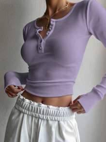 DAZY Women Casual Solid Color Ribbed Half Button Cardigan Long Sleeve Fitted T-Shirt, Spring/Autumn,Fall Women Clothes - Mauve Purple - View 2