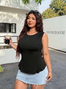 SHEIN EZwear Plus Size Summer Casual Ruffled Hem Tank Top - Black - View 3