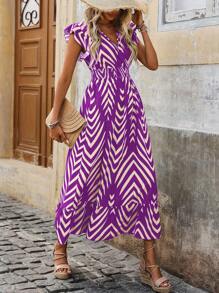 SHEIN LUNE Allover Print Shirred Vacation Dress - Purple - View 3