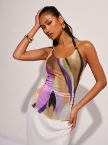 COSMINA 女士时尚扎染印花露背吊带上衣，夏季