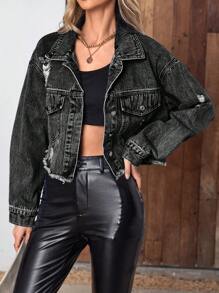 SHEIN Essnce Women's Casual Everyday Distressed Button-Up Denim Jacket With Frayed Edges - Black - View 4