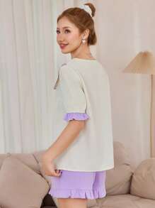 Softscene 2pcs Set Floral Embroidered Ruffled Collar Short Sleeve T-Shirt And Shorts Sleepwear Holiday Season - Beige - View 2