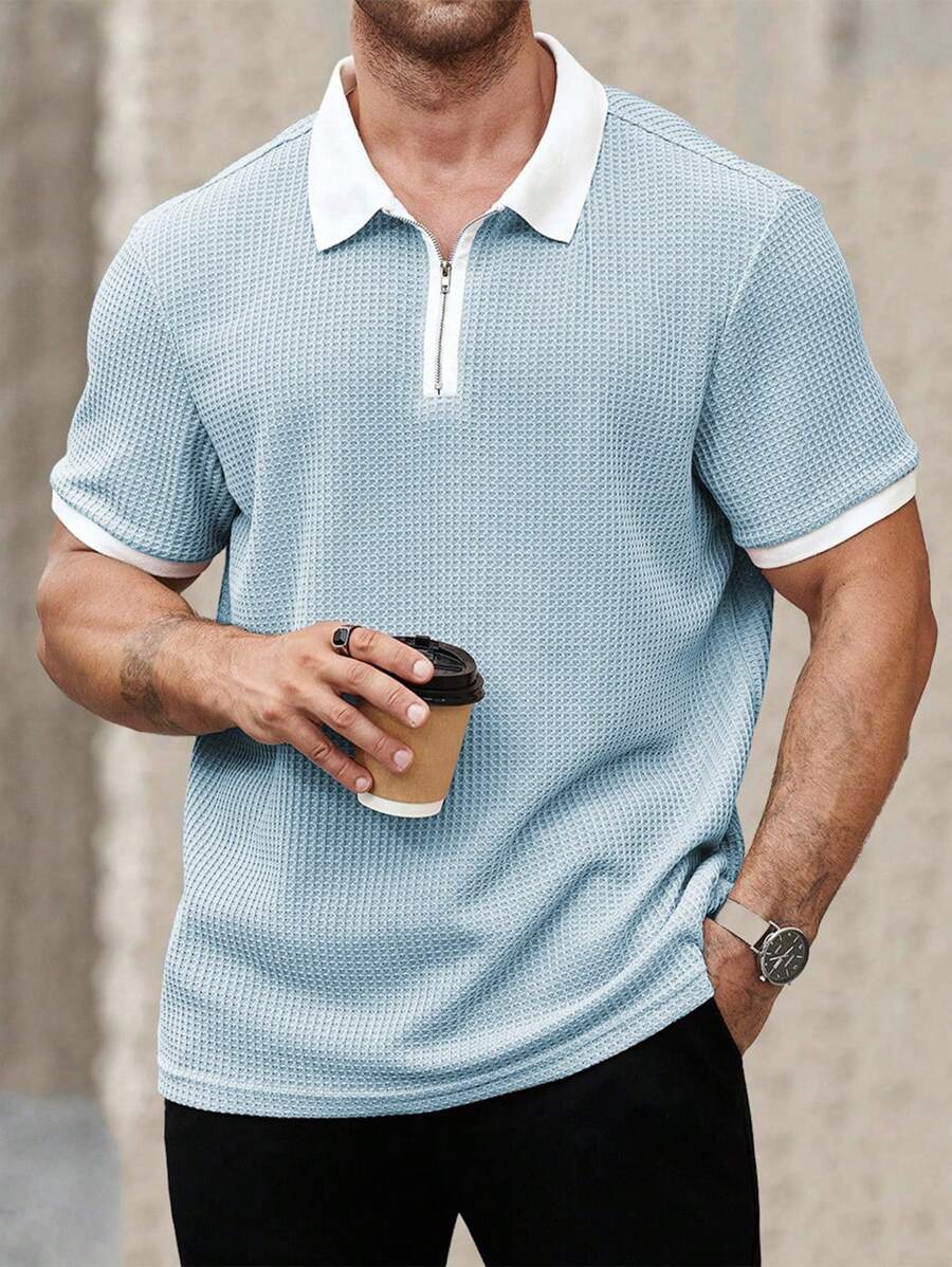 Manfinity Homme Plus Size Men's Solid Color Short Sleeve Polo Shirt, Fashionable For Summer - Baby Blue - View 1