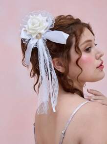 ROMWE Kawaii 1 pieza Vintage Clip de pelo con gran lazo de perla y rosa blanca, Clip de pelo con cinta de encaje blanco estilo Rococó dulce, Accesorio de pelo hecho a mano para fiesta de té Lolita, Pinza de pelo, Pasador de pelo