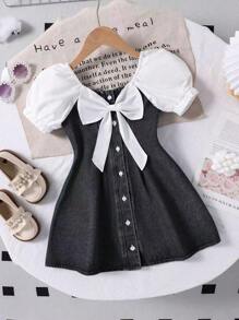 SHEIN Explorewe Toddler Girls' Patchwork Denim Puff Sleeve Bowknot Sweet Comfortable Dress, Suitable For Daily Wear, Outdoor Play, Outings, School, Spring/Summer - Black - View 7