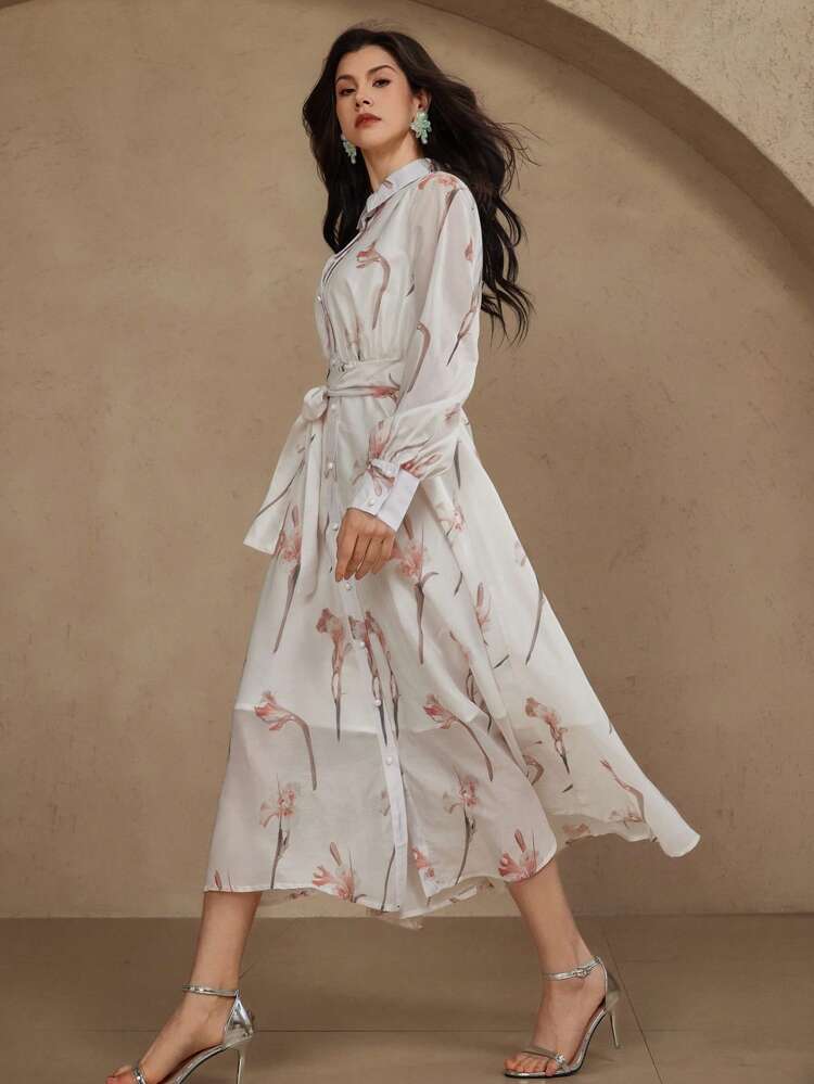 Women's Elegant Floral Print Waisted Midi Dress,Fall Dress Long Sleeve Dress