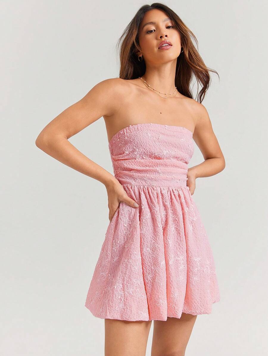 WESTFADE Embroidered Spring Floral Woven Strapless Smocked Back Western Cowgirl Summer Vacation Babydoll Dress - Baby Pink - View 1