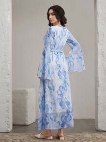 Graceveil Đầm dài tay loe cổ tròn in họa tiết thanh lịch cho nữ dự tiệc cưới - Màu xanh lam - Xem 2